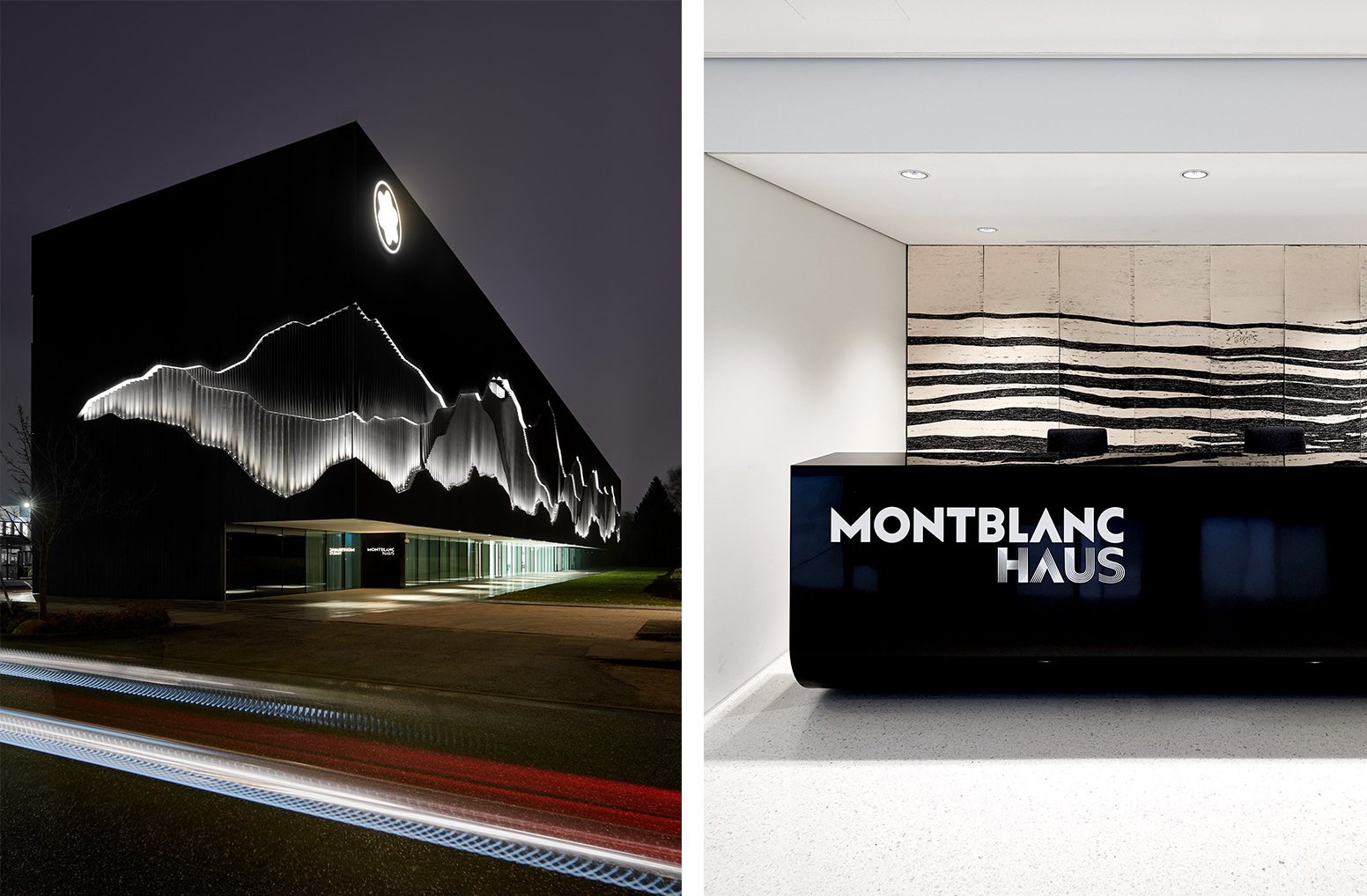 Montblanc Haus, Hamburg. Im Inneren des ikonischen Gebäudes (Foto rechts), Detail der Empfangstheke aus Corian<sup>®</sup> Deep Nocturne mit hochglanzpolierter Oberfläche. Design von Projectiles; Herstellung durch Crea Diffusion; Bilder von Daniel Schafer; alle Rechte vorbehalten.