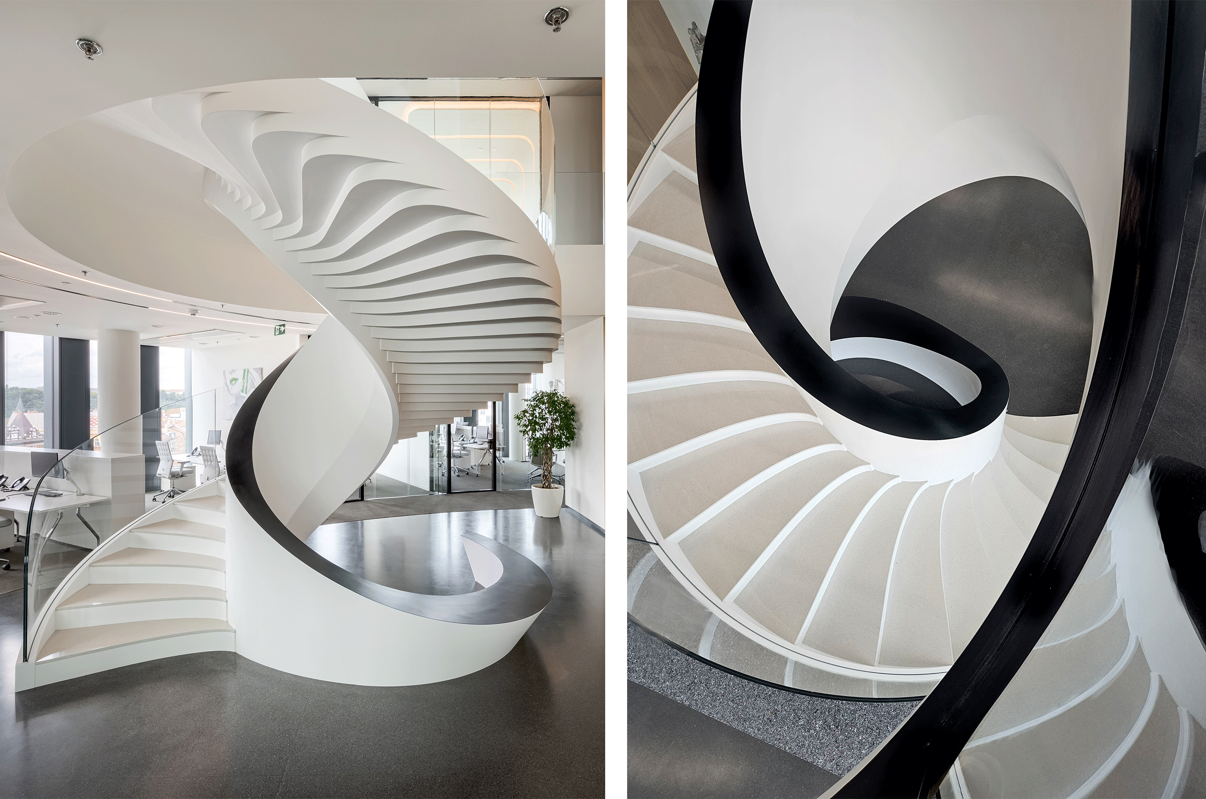 Die Treppe im Büro von Penta im Masaryčka Building, Prag, Tschechische Republik